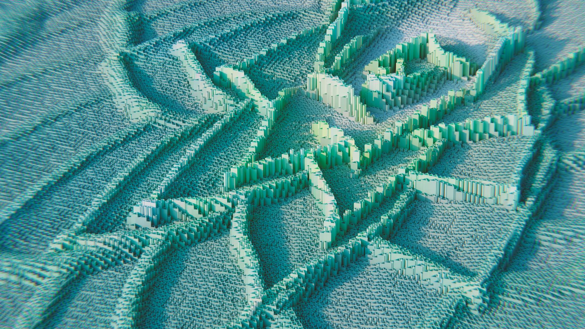 Dynamic abstract 3D render featuring intricate geometric structures in cool tones.